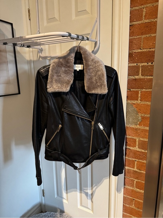 Reiss Jackets & Blazers - Reiss Black Leather Biker Jacket with Removable Taupe Faux Fur Collar